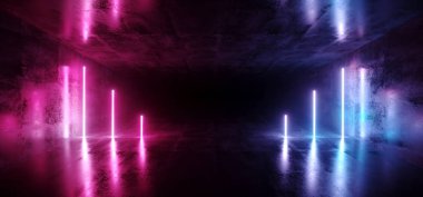 Sci-Fi fütüristik soyut degrade mavi mor pembe Neon parlayan tüpler üzerinde yansıma beton zemin karanlık iç oda boş alanı uzay gemisi 3d render illüstrasyon