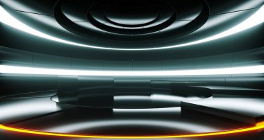 Fütüristik Sci-Fi iç yuvarlak karanlık ışık parlayan uzay gemisi iç mavi beyaz ve turuncu ve yansıma malzemeleri boş alan teknoloji kavramı 3d render illüstrasyon