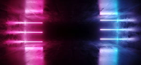 特撮未来抽象グラデーション ブルー紫ピンクのネオン輝く管反射コンクリート床暗い室内に空スペース宇宙船 レンダリング図 — ストック写真