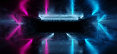 Sci-Fi fütüristik soyut degrade mavi mor pembe Neon parlayan tüpler yansıma Grunge beton Oda karanlık iç boş alanı uzay 3d render illüstrasyon