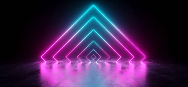 Sci-Fi fütüristik soyut degrade mavi mor pembe Neon parlayan üçgen tüpler üzerinde yansıma beton zemin karanlık iç oda boş alanı uzay gemisi 3d render illüstrasyon