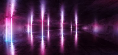 Mavi ve mor Neon parlayan ile karanlık boş oda fütüristik Sci Fi hattı tüpler Grunge beton zemin yansımaları ile 3d render illüstrasyon