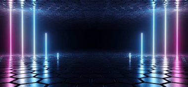 Fütüristik Sci-Fi mavi mor parlak Neon Tüp hatları ile altıgen şeklinde karanlık odada ışıklar zemin ve tavan boşluğu ile duvar kağıdı 3d render illüstrasyon