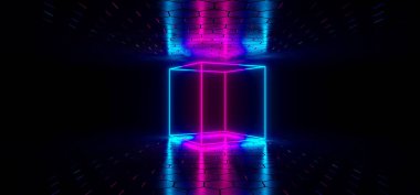 Fütüristik Sci-Fi mavi parlak Neon Tüp daire şeklinde ışıkları karanlık odada altıgen şeklinde ile zemin ve tavan boşluğu ile duvar kağıdı 3d render illüstrasyon