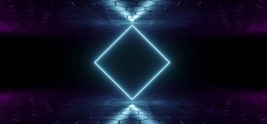 Fütüristik Sci-Fi mavi parlak Neon Tüp dikdörtgen şeklinde ışıkları karanlık odada altıgen şeklinde ile zemin ve tavan boşluğu ile duvar kağıdı 3d render illüstrasyon
