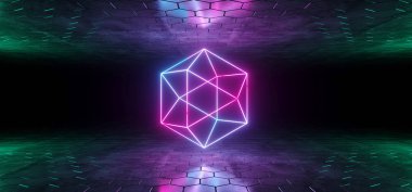 Fütüristik bilim-kurgu mavi mor parlak Neon Tüp soyut geometrik şekilli ışıkları karanlık odada altıgen şeklinde ile zemin ve tavan boşluğu ile duvar kağıdı 3d render illüstrasyon