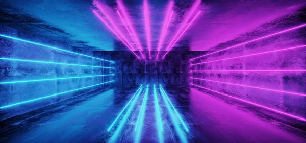 未来科幻蓝色紫色发光霓虹灯管线灯在黑暗的混凝土隧道与空空间壁纸3D 渲染插图 — 图库照片