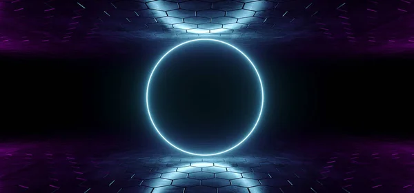 Futuristické Sci Modré Zářící Neon Trubice Kruh Tvaru Světla Temné — Stock fotografie