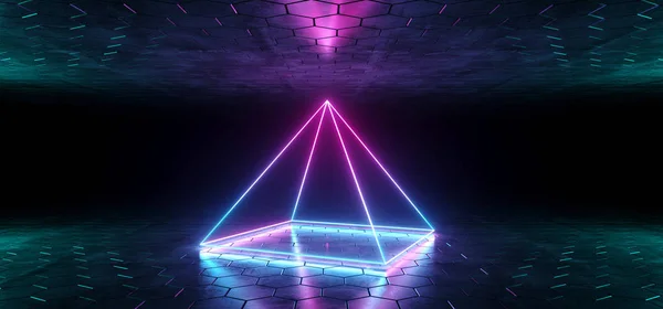 未来的科幻蓝色紫色发光霓虹灯管金字塔形灯在黑暗的房间与六角形地板和天花板空空间壁纸3D 渲染插图 — 图库照片