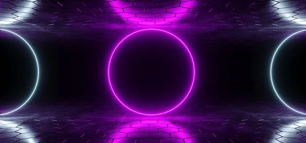 未来的科幻蓝紫色发光霓虹灯管圆形灯在黑暗的房间与六角形地板和天花板空空间壁纸3D 渲染插图 — 图库照片#