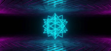 Fütüristik Sci-Fi yansıtıcı karanlık oda duvar kağıdı mor ve mavi degrade parlayan soyut Neon Tüp şeklinde orta 3D çizim oluşturma