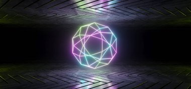 Fütüristik Sci-Fi yansıtıcı karanlık oda duvar kağıdı mor ve mavi degrade parlayan soyut Neon Tüp şeklinde orta 3D çizim oluşturma