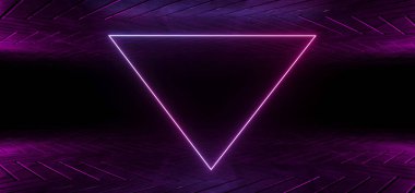 Fütüristik Sci-Fi yansıtıcı karanlık oda duvar kağıdı mor ve mavi degrade parlayan üçgen Neon Tüp şeklinde orta 3D çizim oluşturma