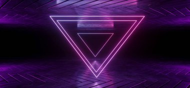 Fütüristik Sci-Fi yansıtıcı karanlık oda duvar kağıdı mor ve mavi degrade parlayan üçgen Neon Tüp şeklinde orta 3D çizim oluşturma