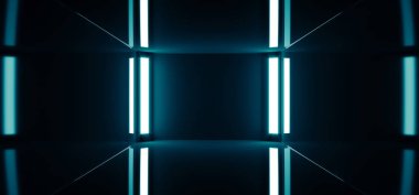 Sci-Fi Modern karanlık boş temiz yansıtıcı Oda grup buz mavisi parlayan ışıkları ve boş alan 3d render illüstrasyon