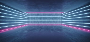 Sci Fi fütüristik Modern beton oda parlak Neon mor ve mavi boru ve boş alanı ile duvar kağıdı 3d render illüstrasyon