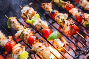 Taze sebze ve bambu sopalarla ateş ve yasaktır Closeup güneşli gün Barbekü ızgara üzerinde Marine et