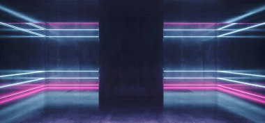 Sci Fi fütüristik Modern beton oda parlak Neon mor ve mavi boru ve boş alanı ile duvar kağıdı 3d render illüstrasyon