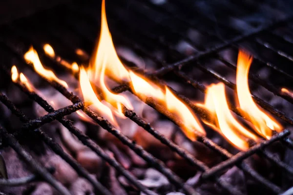 Sıcak kömür ateş Barbekü ızgara Closeup gece altında yumuşak odak ile vurdu