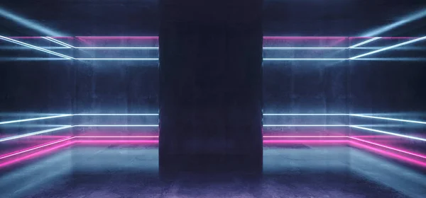 Sci Fütüristik Modern Beton Oda Parlak Neon Mor Mavi Boru — Stok fotoğraf