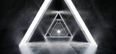 Boş uzun ışık cilalı beton Modern bilim kurgu fütüristik üçgen inşaat tünel koridor şeklinde 3d render illüstrasyon