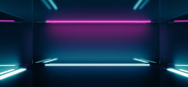 Fütüristik Sci-Fi boş karanlık yansıtıcı Modern sahne oda mavi mor parlak Neon ışıkları duvar kağıdı arka plan ve 3d çizim oluşturma