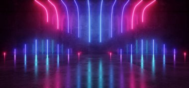 Fütüristik Sci-Fi Modern boş sahne mor yansıtıcı beton Oda Neon Tüp şekli boşluk duvar kağıdı parlayan mavi arka plan ve 3d render illüstrasyon