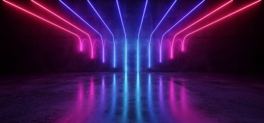 Fütüristik Sci-Fi Modern boş sahne mor yansıtıcı beton Oda Neon Tüp şekli boşluk duvar kağıdı parlayan mavi arka plan ve 3d render illüstrasyon