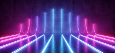 Fütüristik Sci-Fi Modern boş sahne mor yansıtıcı beton Oda Neon Tüp şekli boşluk duvar kağıdı parlayan mavi arka plan ve 3d render illüstrasyon