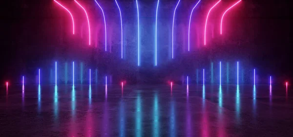 未来科幻现代空舞台带紫色和蓝色发光霓虹灯管形状空空间壁纸背景3D 渲染插图 — 图库照片
