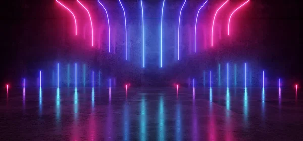 Fütüristik Sci-Fi Modern boş sahne mor yansıtıcı beton Oda Neon Tüp şekli boşluk duvar kağıdı parlayan mavi arka plan ve 3d render illüstrasyon