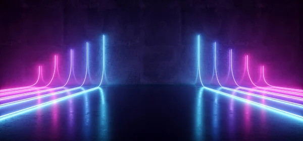 Fütüristik Sci-Fi Modern boş sahne mor yansıtıcı beton Oda Neon Tüp şekli boşluk duvar kağıdı parlayan mavi arka plan ve 3d render illüstrasyon