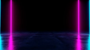 Mavi ve mor Neon parlayan ile karanlık boş oda fütüristik Sci Fi hattı tüpler Grunge beton zemin yansımaları ile 3d işleme Video