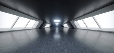 Yansımaları ve büyük parlayan beyaz ışık Windows ile bir kenara fütüristik Modern büyük karanlık boş Hall duvar kağıdı 3d render illüstrasyon