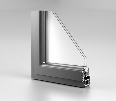 Gerçekçi açı kesim Modern Pvc Alüminyum Metal ev pencere kaliteli iki gri profil ekonomi enerji verimli kavramı beyaz arka plan ve yansıma gözlük 3d render illüstrasyon