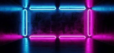 Fütüristik Sci-Fi Modern uzay gemisi Club Party beton ile karanlık odada dikdörtgen biçimli mavi ve mor parlak Neon Tüp 3d çizim oluşturma