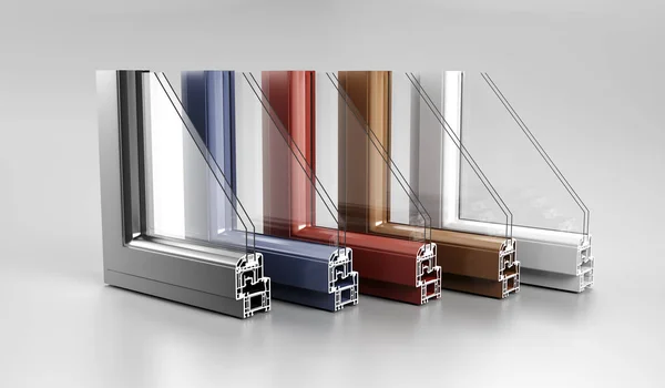 Gerçekçi açı 3d Modern Pvc Alüminyum Metal ev pencere kaliteli farklı renkli profilleri iki bardak ekonomi enerji verimli kavramı beyaz arka plan ve yansıma ile kesilmiş çizim oluşturma