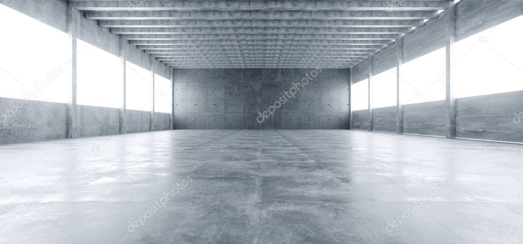 Modern Huge Concrete Material Empty Hall With Many Columns And Big White Glowing Windows Wallpaper Space For Text 3D Rendering Illustration