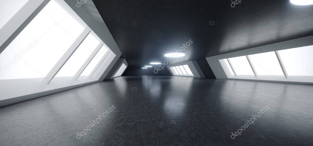 Futuristic Modern Big Dark Empty Hall With Reflections And Big Glowing White Light Windows Aside Wallpaper 3D Rendering Illustration