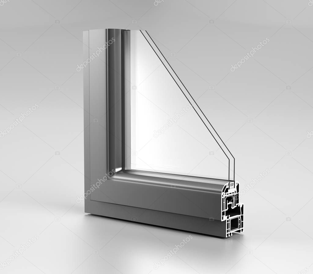Realistic Angle Cut Off Modern PVC Aluminium Metal Home Window High Quality Grey Profile With Two Glasses Economy Energy Efficient Concept On White Background And Reflection 3D Rendering  Illustration