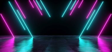 Modern futuristik Sci-Fi Refelctive Grunge ıslak beton karanlık boş oda mor ve mavi tüp ışıklar Club parlak Neon ile arka plan 3d render illüstrasyon