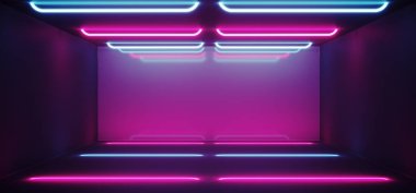 Modern futuristik Sci-Fi Refelctive karanlık boş oda ile mor ve mavi tüp parlak Neon ışıkları 