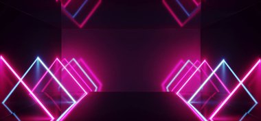 Modern futuristik Sci-Fi Refelctive karanlık boş oda ile mor ve mavi tüp parlak Neon ışıkları 