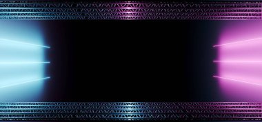 Sci-Fi fütüristik Retro Modern Metal sahne yapıları boş alanı ve mor ve mavi Aydınlatma kanalları parlak Neon ile arka plan 3d render illüstrasyon