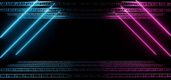 暗い現代特撮未来ネオン輝く青と紫色の三角形の形をしたライト チューブ クラブ ステージ空スペースと黒の背景の レンダリング図 — ストック写真