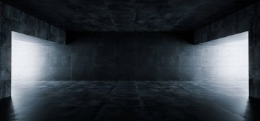 Boş zarif Modern Grunge karanlık yansımaları beton yeraltı tüneli oda parlak beyaz ışıklar arka plan duvar kağıdı 3d render illüstrasyon