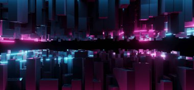 Soyut karanlık Modern futuristik Sci Fi fantezi mavi ve mor ışıklı Neon tüplerin şehir Closeup teknoloji kavramı arka plan duvar kağıdı 3d render illüstrasyon