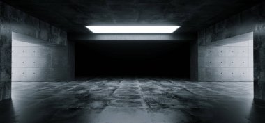 Boş zarif Modern Grunge karanlık yansımaları beton yeraltı tüneli oda parlak beyaz ışıklar arka plan duvar kağıdı 3d render illüstrasyon