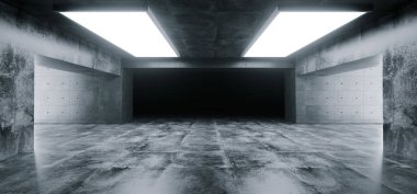 Boş zarif Modern Grunge karanlık yansımaları beton yeraltı tüneli oda parlak beyaz ışıklar arka plan duvar kağıdı 3d render illüstrasyon