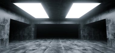 Boş zarif Modern Grunge karanlık yansımaları beton yeraltı tüneli oda parlak beyaz ışıklar arka plan duvar kağıdı 3d render illüstrasyon